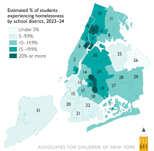 Map of NYC area school districts showing the percent increase of students experiencing homelessness 