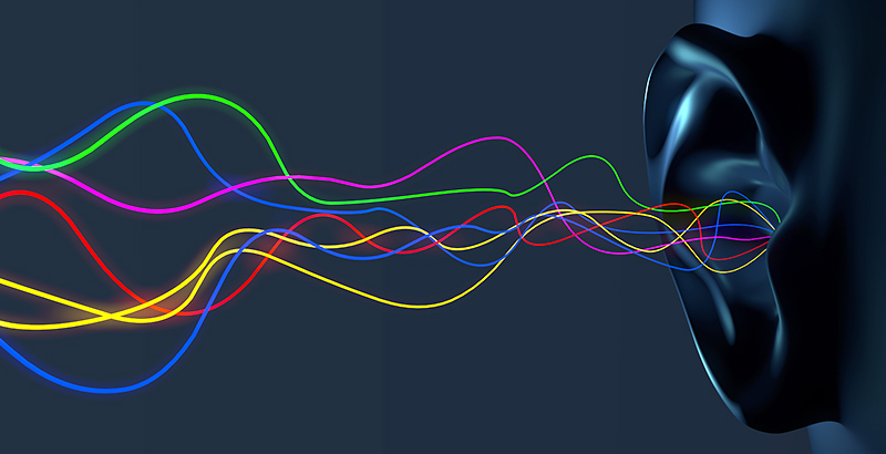 An image of a human ear with incoming vibrations in different frequencies